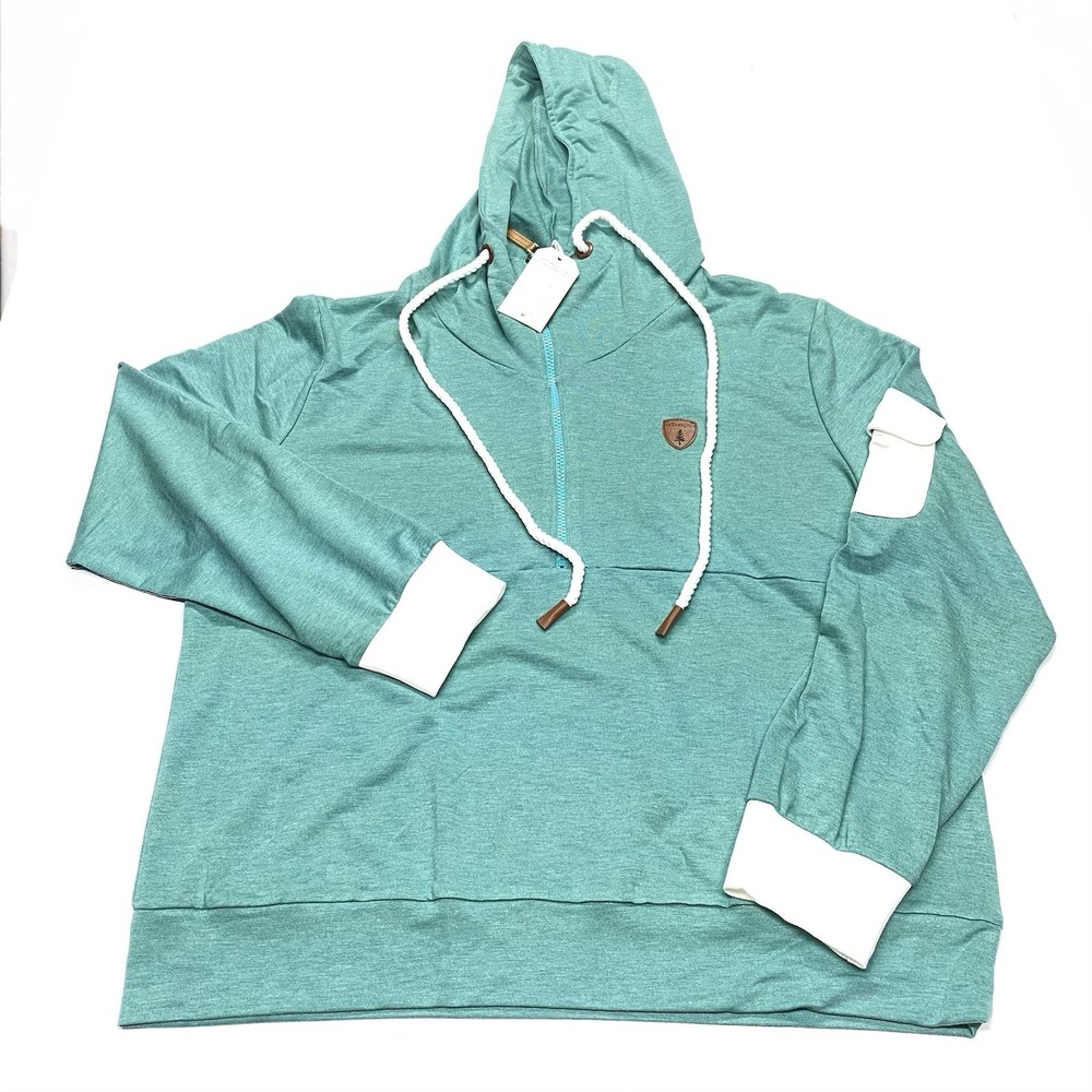 Wanakome Women Teal Green Cowl Neck Hoodie Sweatshirt White Pocket Size 2XL